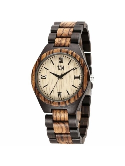 TJW Mens Natural Wooden Watches Analog Quartz Handmade Casual Wrist Watch 6006