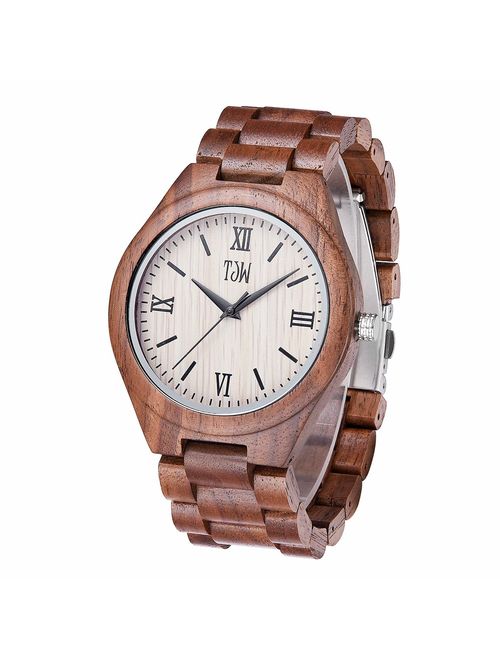 TJW Mens Natural Wooden Watches Analog Quartz Handmade Casual Wrist Watch 6006