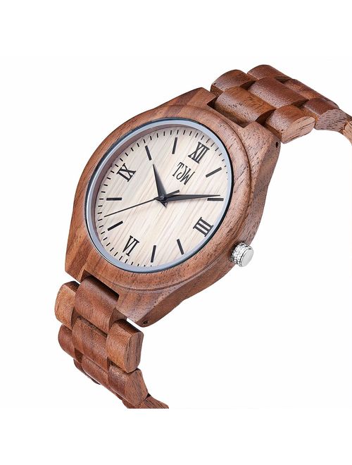 TJW Mens Natural Wooden Watches Analog Quartz Handmade Casual Wrist Watch 6006