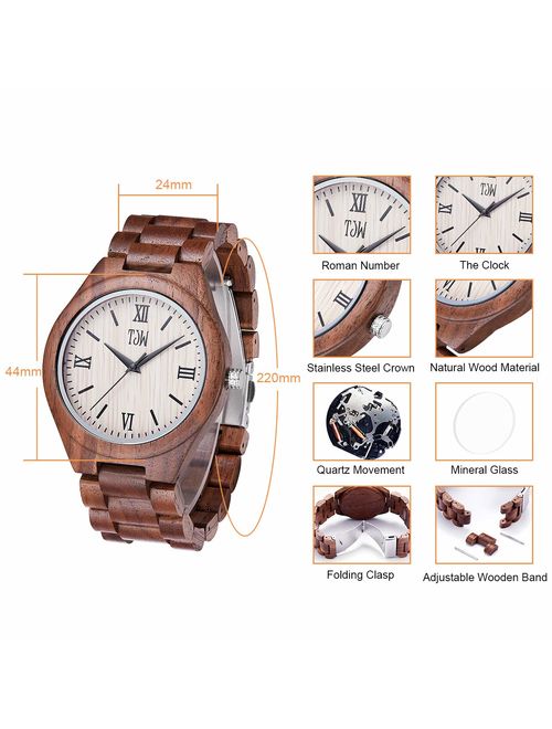 TJW Mens Natural Wooden Watches Analog Quartz Handmade Casual Wrist Watch 6006