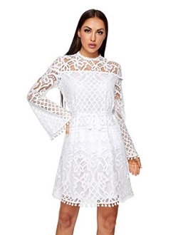 Women's Crochet Pom-pom Sheer Lace Bell Sleeve Dress