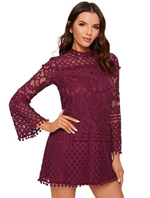 SheIn Women's Crochet Pom-pom Sheer Lace Bell Sleeve Dress