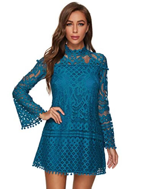 SheIn Women's Crochet Pom-pom Sheer Lace Bell Sleeve Dress