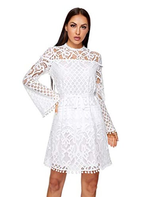 SheIn Women's Crochet Pom-pom Sheer Lace Bell Sleeve Dress