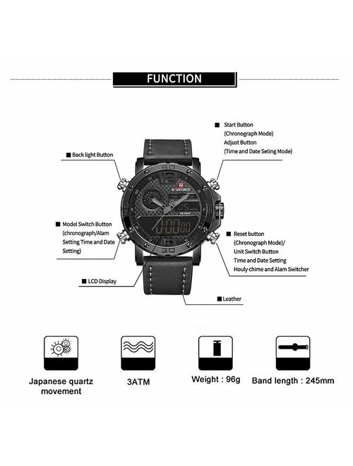 Mens Waterproof Sports Digital Leather Band Wrist Watch Multi-Function Display Backlight Watches