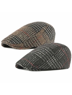 ALL IN ONE CART 2 Pack Men's Warm Wool Tweed Blend Newsboy Flat Cap Ivy Cabbie Driving Winter Hat