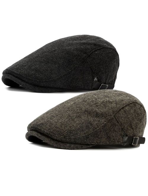 ALL IN ONE CART 2 Pack Men's Warm Wool Tweed Blend Newsboy Flat Cap Ivy Cabbie Driving Winter Hat