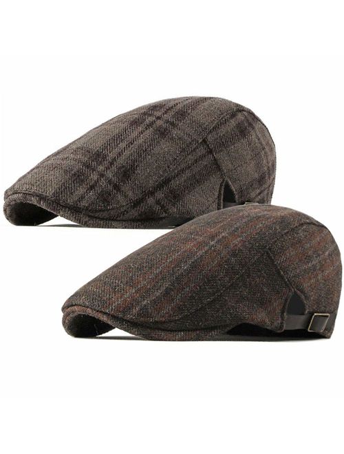 ALL IN ONE CART 2 Pack Men's Warm Wool Tweed Blend Newsboy Flat Cap Ivy Cabbie Driving Winter Hat