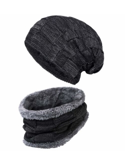 2 PCS Winter Slouchy Beanie Hat Scarf Set, Fleece Lined Thick Warm Soft Skull Cap & Neck Warmer for Men Women