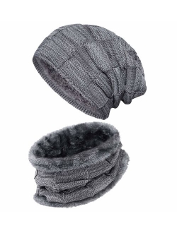 2 PCS Winter Slouchy Beanie Hat Scarf Set, Fleece Lined Thick Warm Soft Skull Cap & Neck Warmer for Men Women