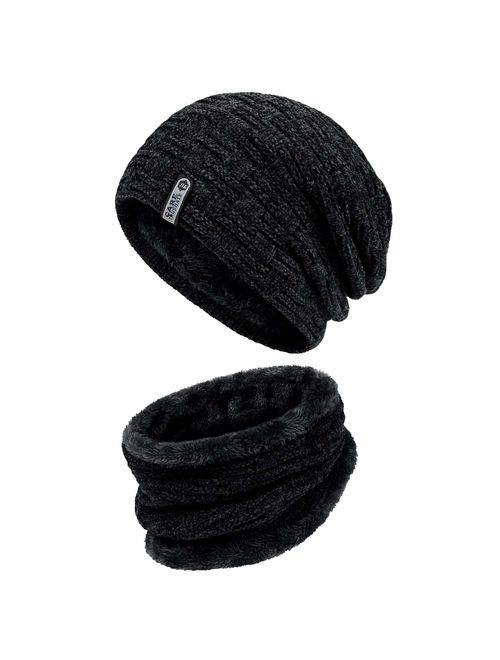 2 PCS Winter Slouchy Beanie Hat Scarf Set, Fleece Lined Thick Warm Soft Skull Cap & Neck Warmer for Men Women