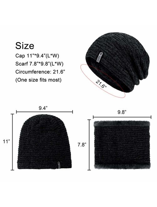 2 PCS Winter Slouchy Beanie Hat Scarf Set, Fleece Lined Thick Warm Soft Skull Cap & Neck Warmer for Men Women