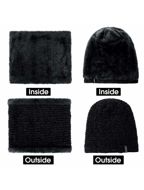 2 PCS Winter Slouchy Beanie Hat Scarf Set, Fleece Lined Thick Warm Soft Skull Cap & Neck Warmer for Men Women