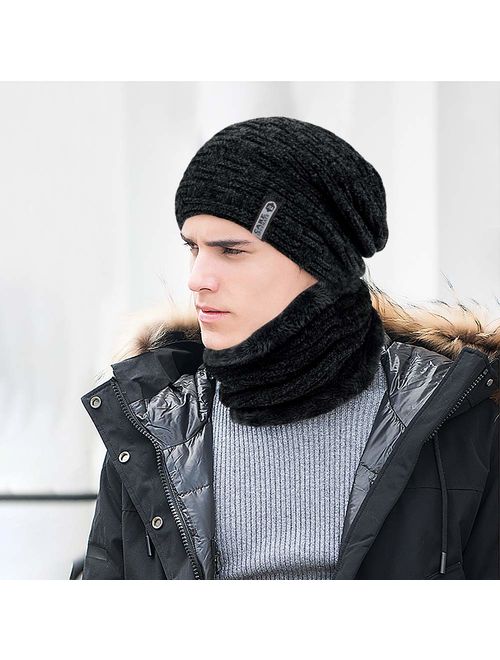 2 PCS Winter Slouchy Beanie Hat Scarf Set, Fleece Lined Thick Warm Soft Skull Cap & Neck Warmer for Men Women