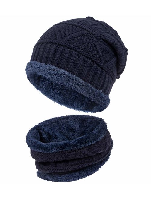 2 PCS Winter Slouchy Beanie Hat Scarf Set, Fleece Lined Thick Warm Soft Skull Cap & Neck Warmer for Men Women