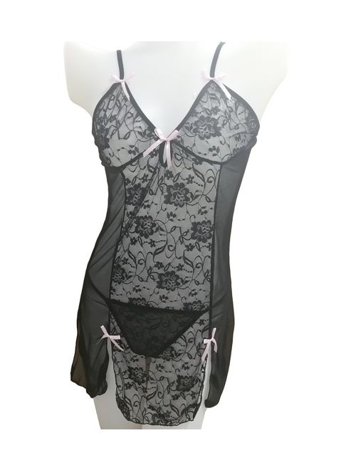 Dreamsoar Women V-Neck Lace Babydoll Mesh Chemise Sleepwear Lingerie Set Black