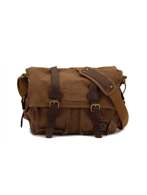 Sechunk Vintage Military Leather Canvas Laptop Bag Messenger Bags Medium