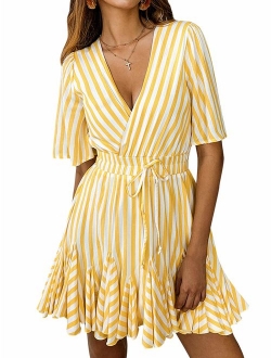 Simplee Women Sexy Deep V-Neck Short Sleeve Stripe Print Mini A Line Dress