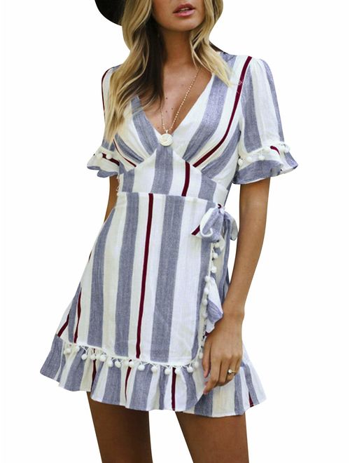 Simplee Women Sexy Deep V-Neck Short Sleeve Stripe Print Mini A Line Dress