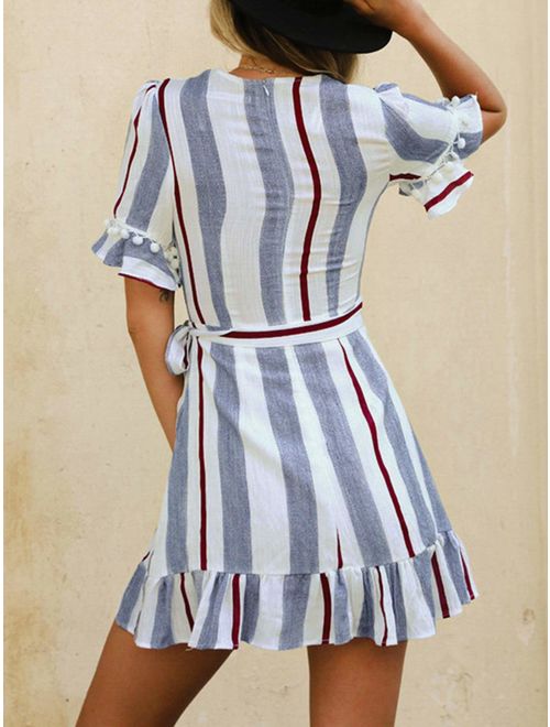 Simplee Women Sexy Deep V-Neck Short Sleeve Stripe Print Mini A Line Dress