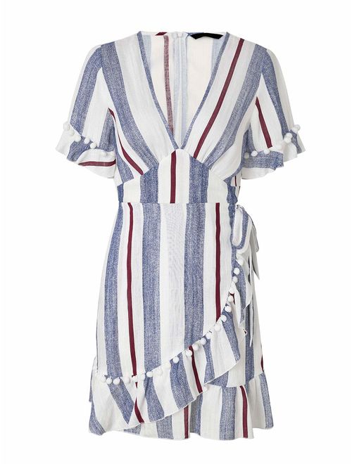 Simplee Women Sexy Deep V-Neck Short Sleeve Stripe Print Mini A Line Dress