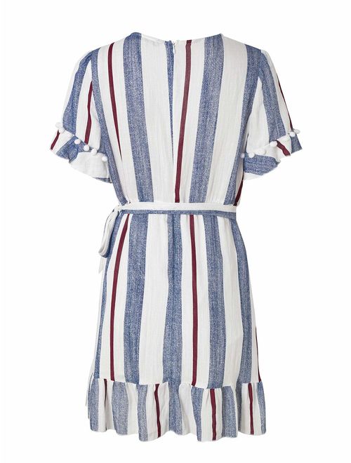 Simplee Women Sexy Deep V-Neck Short Sleeve Stripe Print Mini A Line Dress