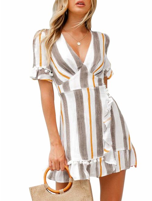 Simplee Women Sexy Deep V-Neck Short Sleeve Stripe Print Mini A Line Dress