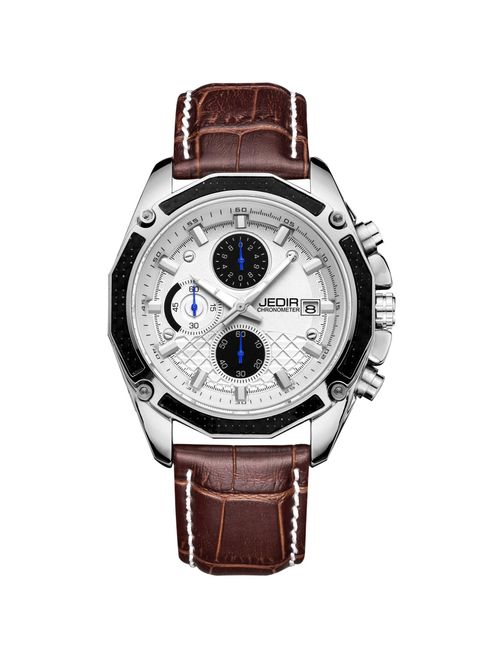 JEDIR Men's Chronograph Quartz Wrist Watch Analog Dial with Date Calendar Soft Leather Band