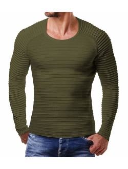 Men's Cable Knit Sweater Stripe Crew Neck Long Sleeve Pullover