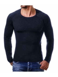 Men's Cable Knit Sweater Stripe Crew Neck Long Sleeve Pullover