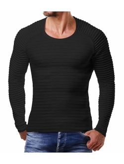 Men's Cable Knit Sweater Stripe Crew Neck Long Sleeve Pullover