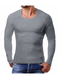 Men's Cable Knit Sweater Stripe Crew Neck Long Sleeve Pullover