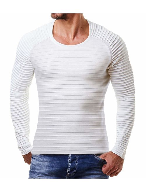 COOFANDY Men's Cable Knit Sweater Stripe Crew Neck Long Sleeve Pullover