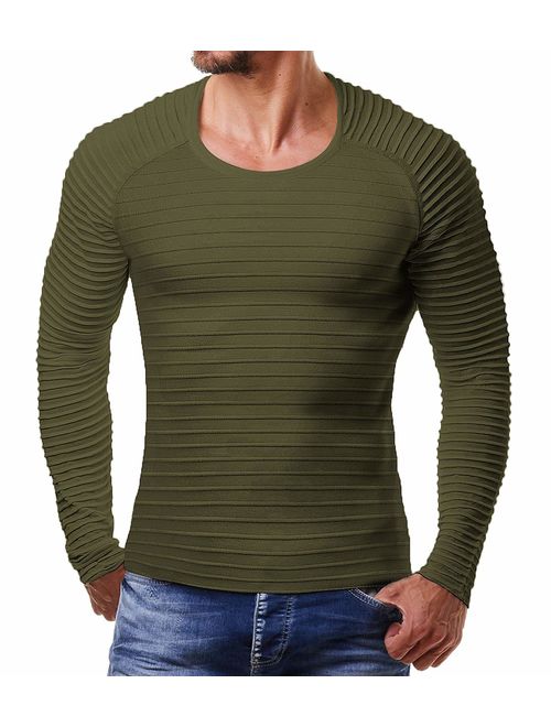 COOFANDY Men's Cable Knit Sweater Stripe Crew Neck Long Sleeve Pullover