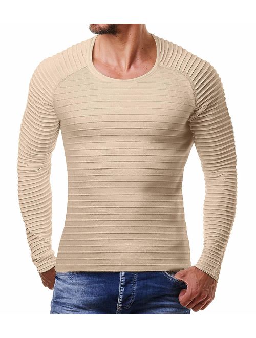 COOFANDY Men's Cable Knit Sweater Stripe Crew Neck Long Sleeve Pullover