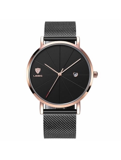 Mens Luxury Wrist Watches, Minimalist Fashion Ultra Thin Watch for Men Business Dress Waterproof Casual Quartz Watch with Stainless Steel Mesh Band