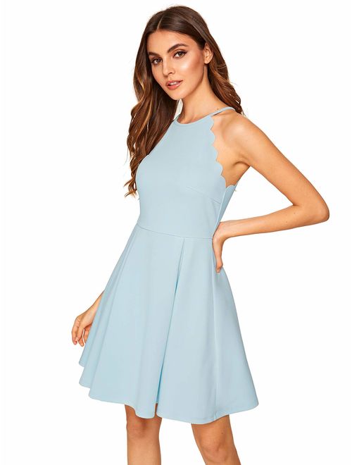 Romwe Women's Sweet Scallop Sleeveless Flared Swing Pleated A-line Skater Dress