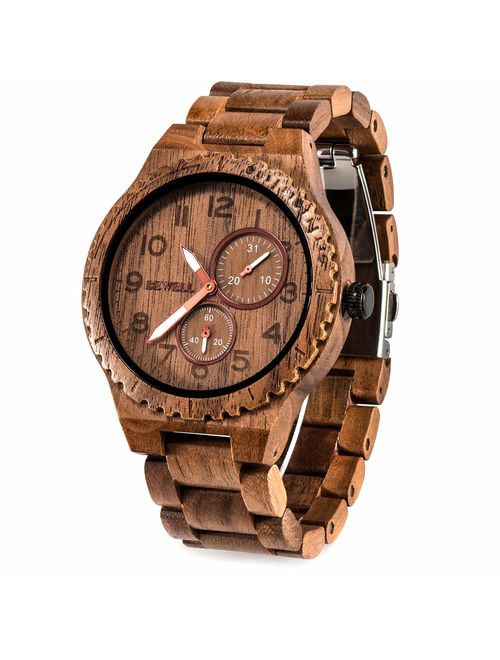 BEWELL Wood Watches for Men Analog Quartz Date Retro Handcraft Lightweight Wooden Wristwatch W154A