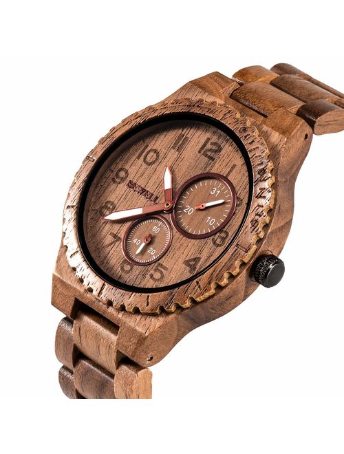 BEWELL Wood Watches for Men Analog Quartz Date Retro Handcraft Lightweight Wooden Wristwatch W154A