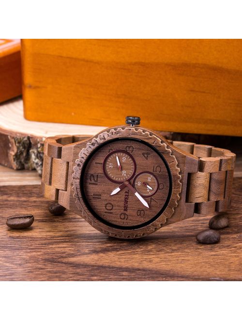 BEWELL Wood Watches for Men Analog Quartz Date Retro Handcraft Lightweight Wooden Wristwatch W154A