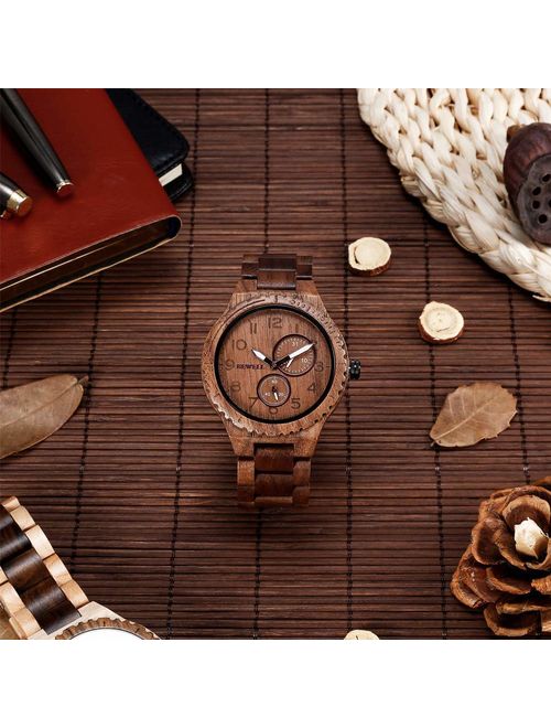 BEWELL Wood Watches for Men Analog Quartz Date Retro Handcraft Lightweight Wooden Wristwatch W154A