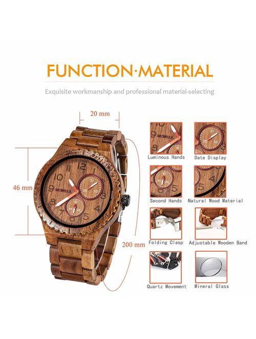 BEWELL Wood Watches for Men Analog Quartz Date Retro Handcraft Lightweight Wooden Wristwatch W154A