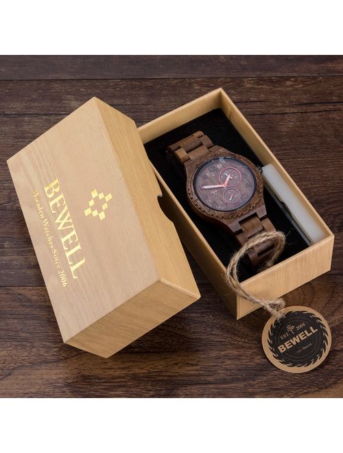 BEWELL Wood Watches for Men Analog Quartz Date Retro Handcraft Lightweight Wooden Wristwatch W154A