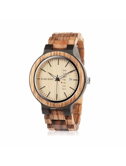 BOBO BIRD Week and Date Multi-Functional Display Men's Zebra Wooden Quartz Watch Lightweight Handmade Casual Wristwatches with Gift Box