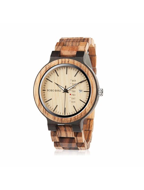 BOBO BIRD Week and Date Multi-Functional Display Men's Zebra Wooden Quartz Watch Lightweight Handmade Casual Wristwatches with Gift Box