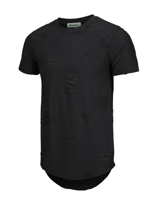 KLIEGOU Mens Hipster Hip Hop Ripped Round Hemline Hole T Shirt(1705)