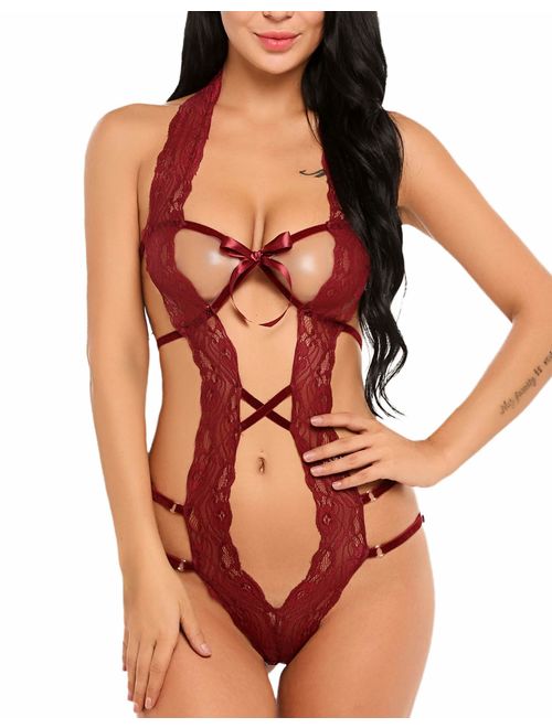 Avidlove Women Deep V Halter Lingerie Teddy One Piece Bodysuit Lace Babydoll