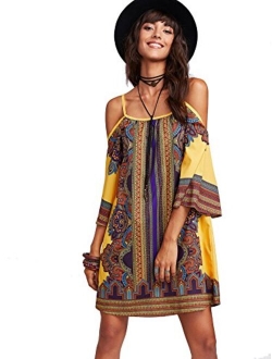 Women's Tribal Print Kimono Sleeve Geometric Tunic Boho Dress