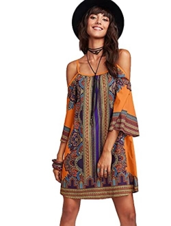 Women's Tribal Print Kimono Sleeve Geometric Tunic Boho Dress