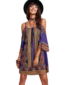 Women's Tribal Print Kimono Sleeve Geometric Tunic Boho Dress